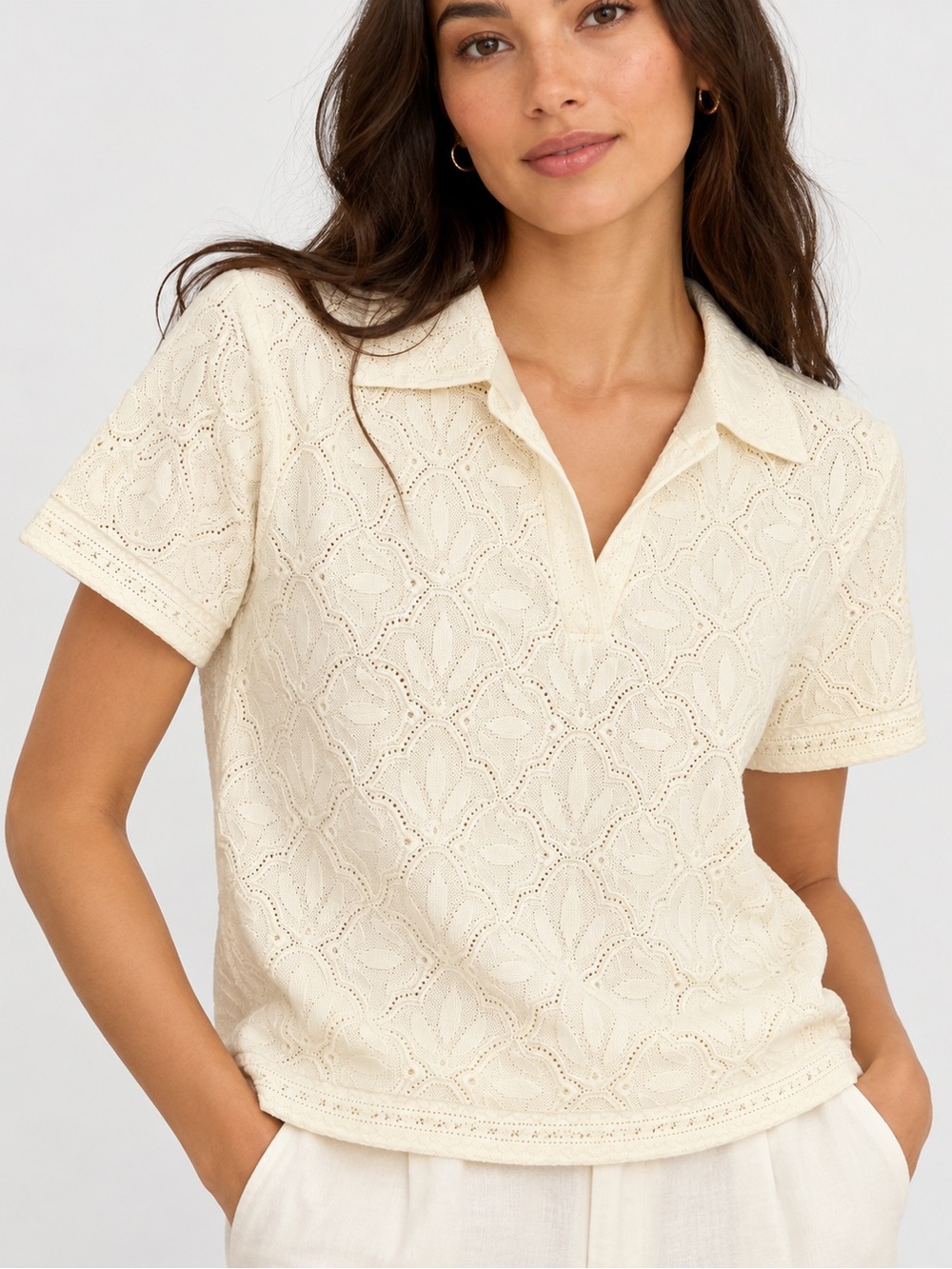 Express Cream Eyelet Short Sleeve Lace Knit Polo Top